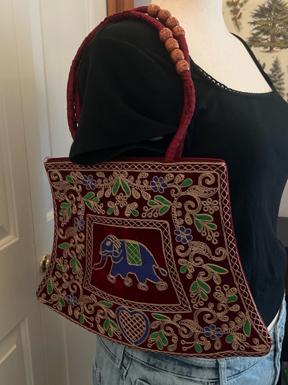 Burgundy Embroidered Elephant Shoulder Bag with Wooden Bead Handle